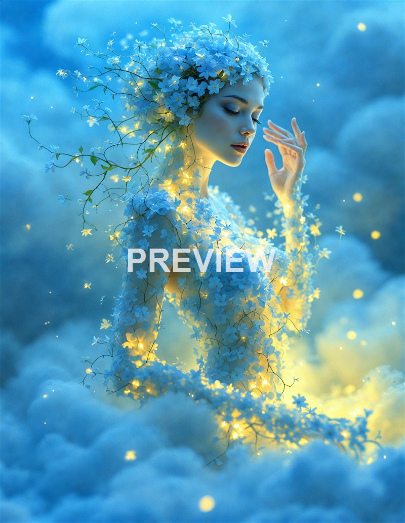 A woman with her hair and body adorned with blue flowers and glowing lights, blending seamlessly with a cloudy sky background.